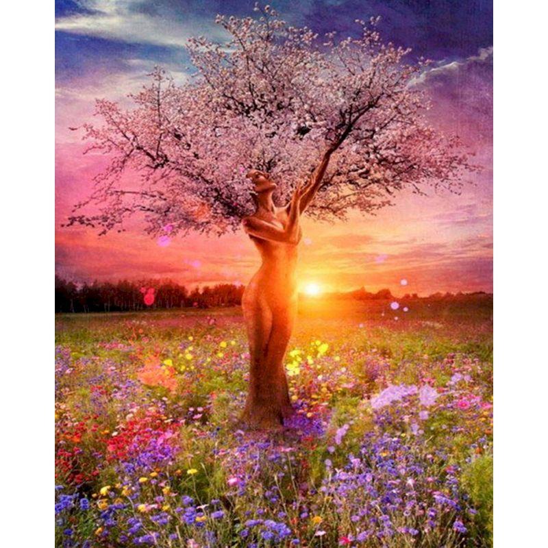 

Ruopoty цифровая картина «сделай сам» дерево пейзаж на холсте уникальный подарок настенное искусство цифровая раскраска гостиная закат 40x50cm no frame