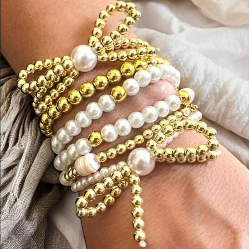 IF ME Fashion Bowknot Beaded Bracelets Set for Women Simple Elegant Gold Color Bracelets Set Summer Beach Party Ideal Jewelry