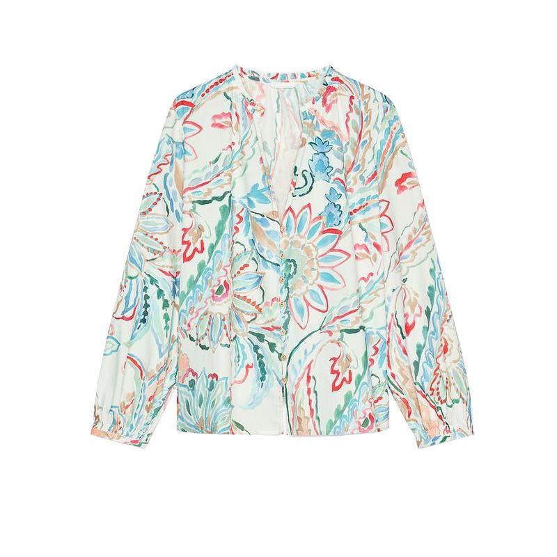 

Spring New Women s Clothing Seaside Vacation Style Print Fashion Poplin Long Sleeves Lapel Shirt 2581185 Turquoise L