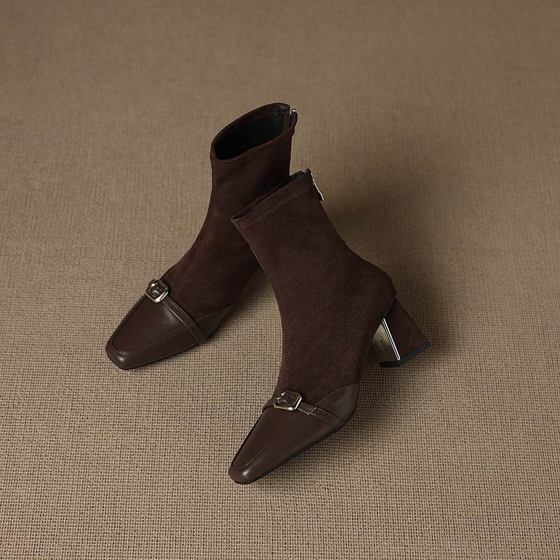 Krazing Pot Flock Cow Skin Square Toe Thick Heels Chelsea Boots Size 42 Beauty Lady Women Metal Buckle Ankle Boots