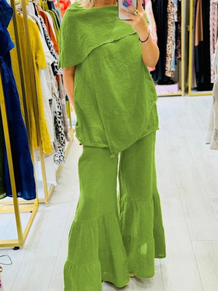 Women's Asymmetrical One Shoulder Top with Flared Wide Leg Pants Set in Multiple Colors