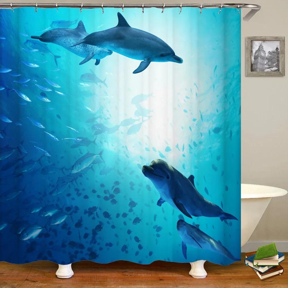3D Printing Ocean Dolphin Bathroom Shower Curtain Sea Landscape Home Decoration Waterproof polyester Curtain with Hook Curtain W90XH180cm