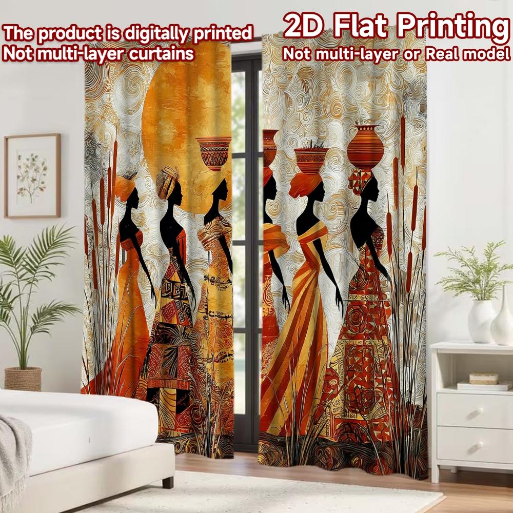 2D flat printing 2pcs Curtain Curtains African Women Carrying Pots Digital Printed Polyester Drapes Family Party for Holiday