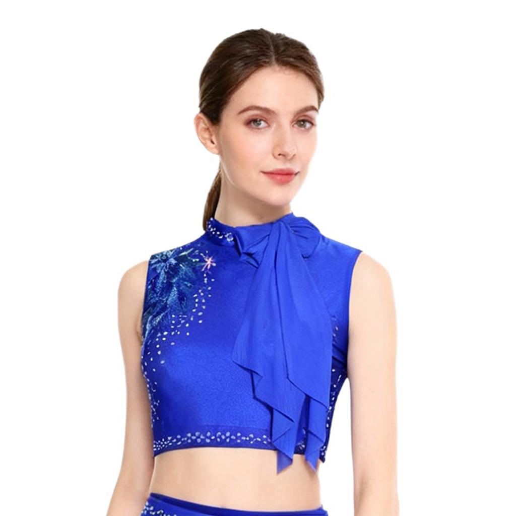 Womens Modern Dance Crop Top Sequin Embroidery Bow Decor Sleeveless Back Hollow Out Dancewear