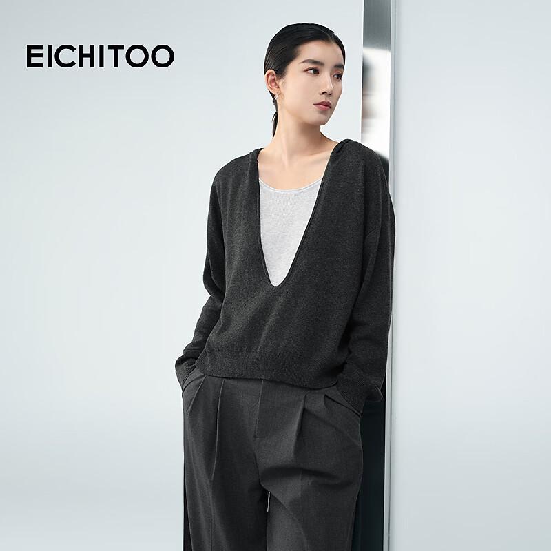 EICHITOO Women s Faux Two-Piece Hooded Color Block Knitted Sweater M
