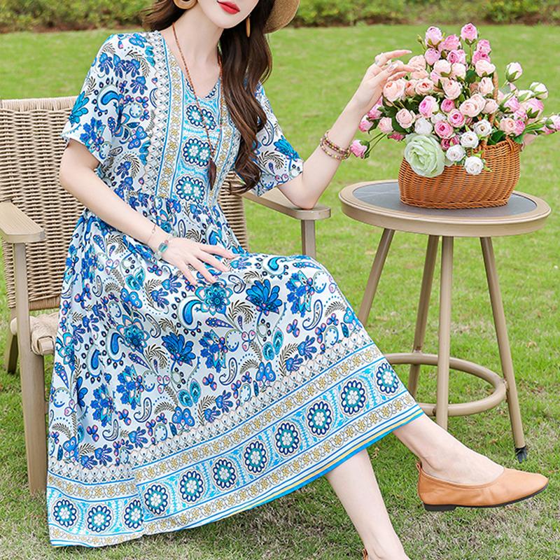 Elegant Women's Dress Summer Vintage Clothes Loose Short Sleeve Plus Size Casual Long Dresses