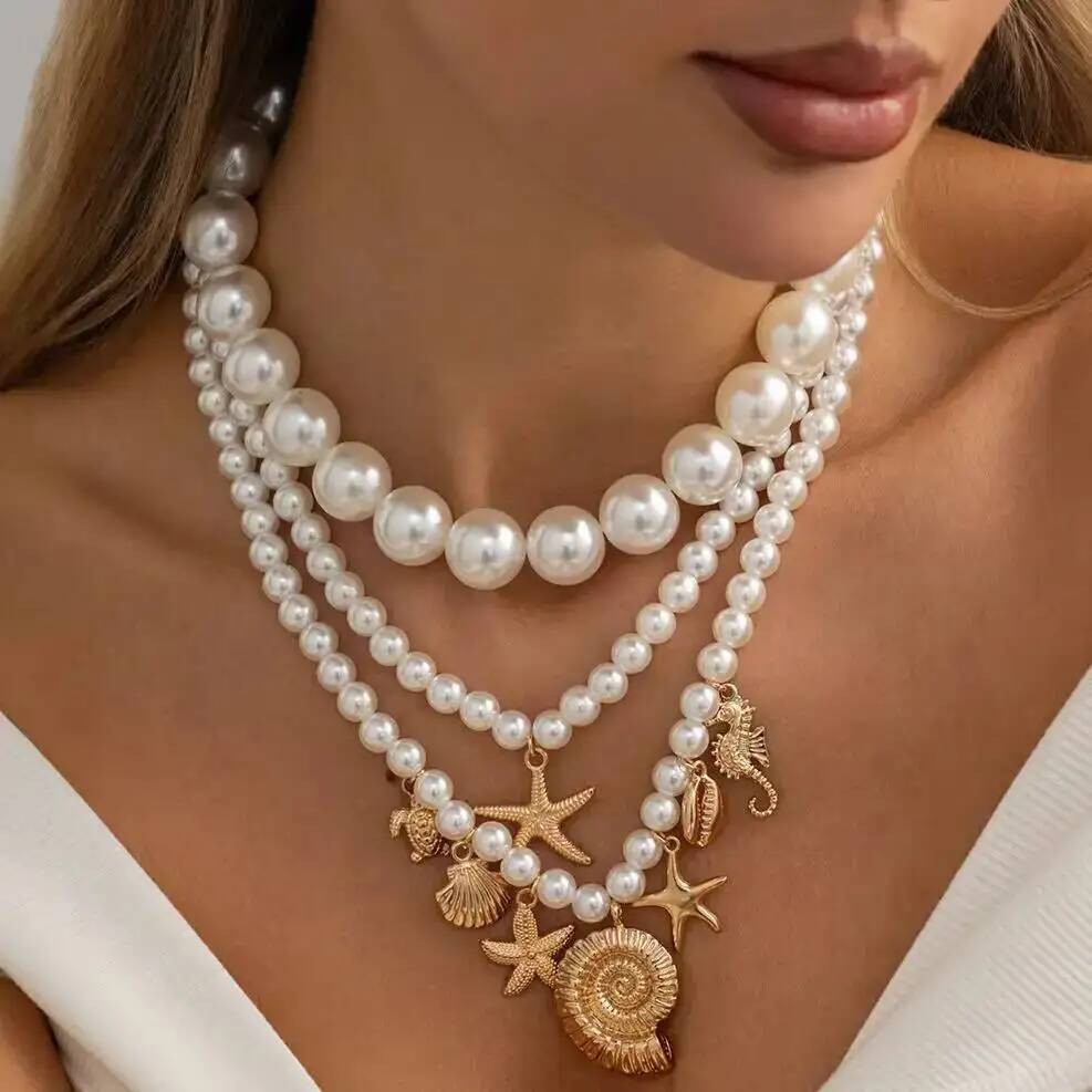 SHIXIN 3Pcs/set Boho Exquisite Imitation Pearl Conch Starfish Pendant Necklace Women Trendy Charm Clavicle Chain Jewelry Gifts
