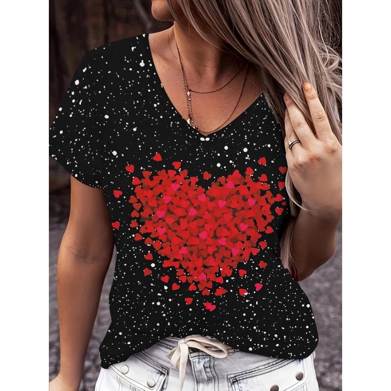 

Fashionally simple and elegant vacation bleached heart-shaped graphic V-neck short-sleeved T-shirt for casual and sporty wear XL