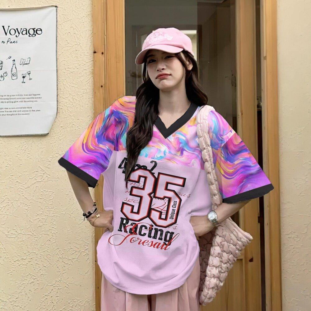 Korean women's T-shirt V-neck short sleeved top with digital pattern printed women's Jersey T-shirt