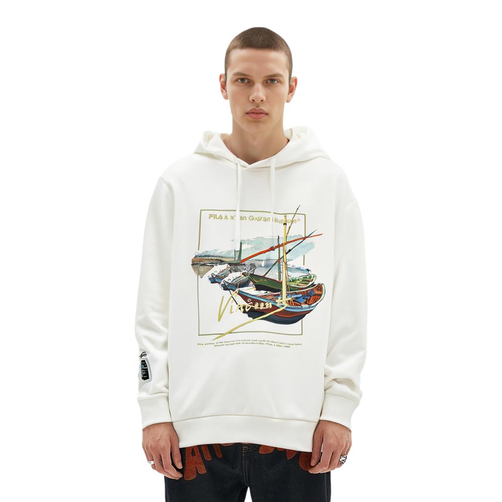 FILA Van Gogh Museum 2.0 Letter Logo Pattern Printed Drawstring Long Sleeve Sweatshirt Men sweatshirt Cloud-White F11M318210FWT