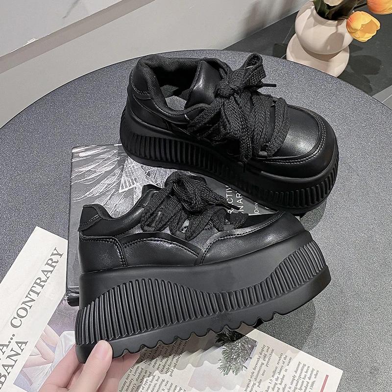 Fashion Casual Chic Platform Breathable Sneakers Lace-up Comfortable Anti Slip Thick Bottom Womens Running Shoes Black White