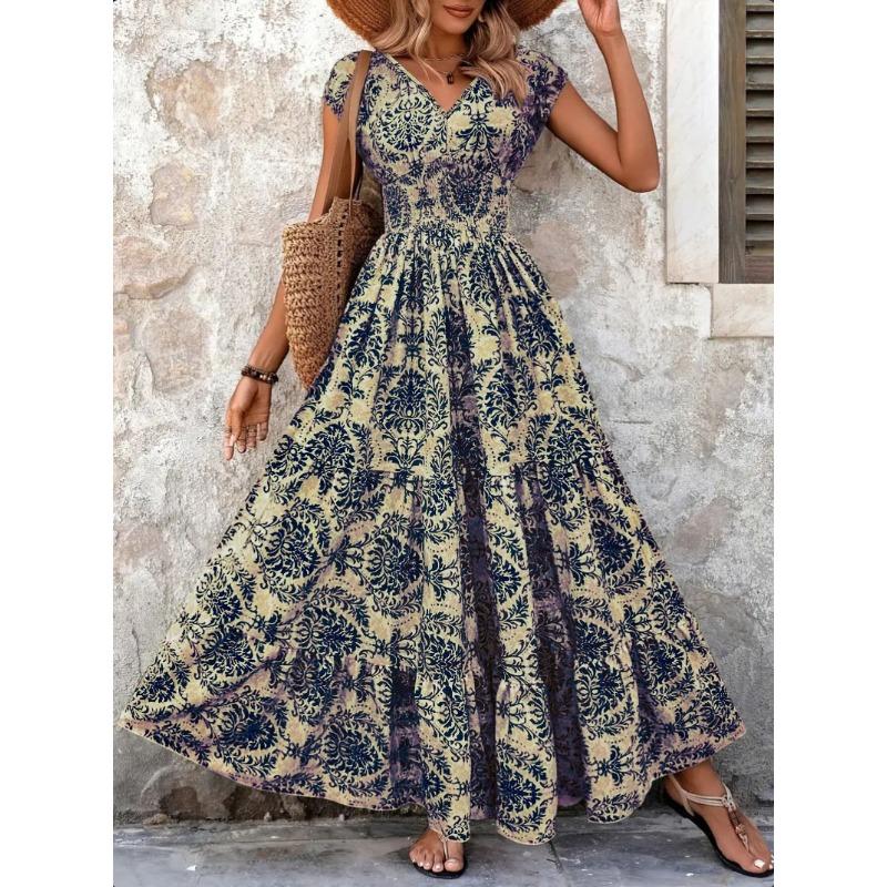 Vintage Printed Dress Fashion Elegant Neck Short Sleeve Dress Long Dress Women's Clothing