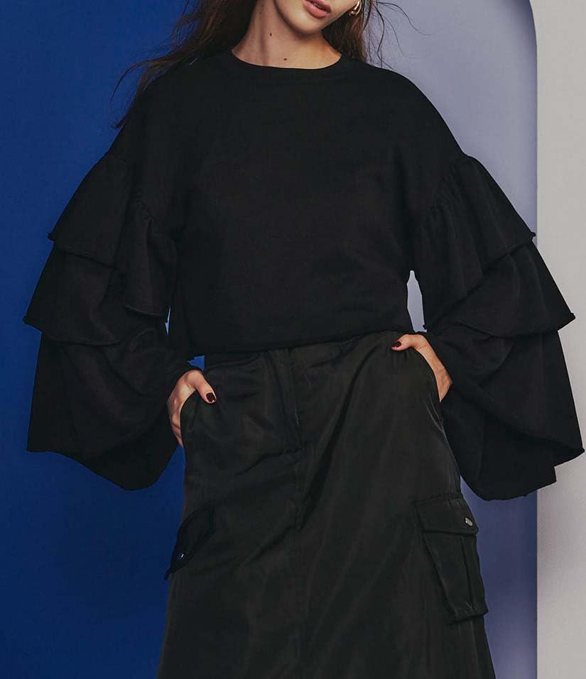 Double Standard Clothing Volume Sleeve Cropped Pullover, Women's, Black, 0208-080-244