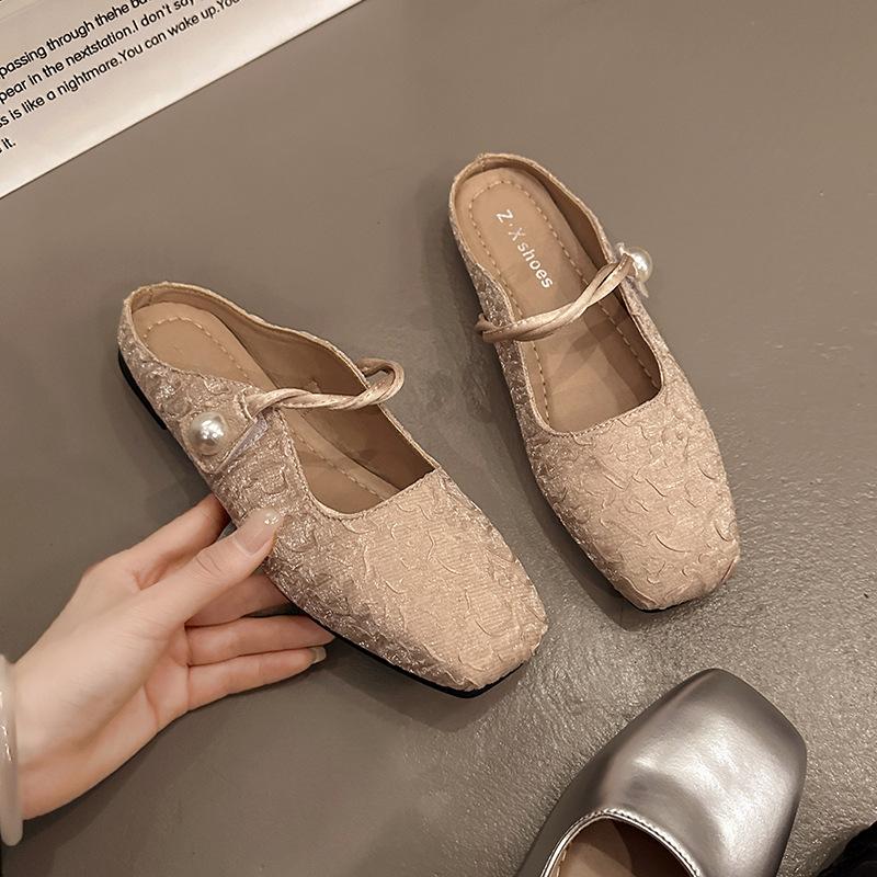 French gentle half slippers flat shoes women's bag head one pedal soft sole silver Mary Jane women's shoes temperament one word