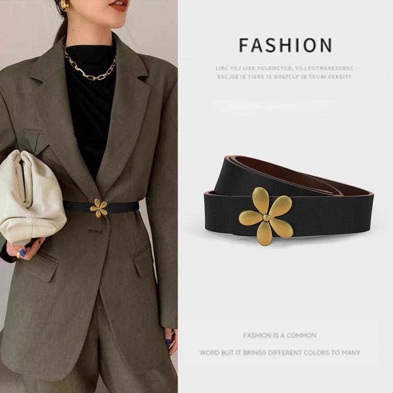 Leather Belt Formal Suit Casual Pants Belt Women's Waist Belt Slim Flower Smooth Plate Buckle