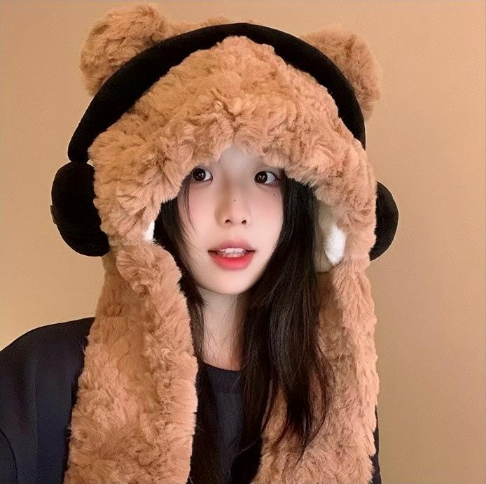Bear with Headphone Hoodie Hat Scarf Set for Girls Winter Thickened Plush Earmuffs Warm Cap for Children Cute Outdoor Wear
