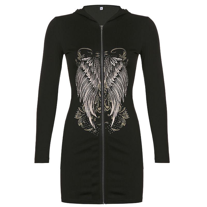 

Front and Rear Dark Wings Printing Contrast Color Slim Fit Long Sleeves Hooded Zip Cardigan Sweater Dress Dress Black L