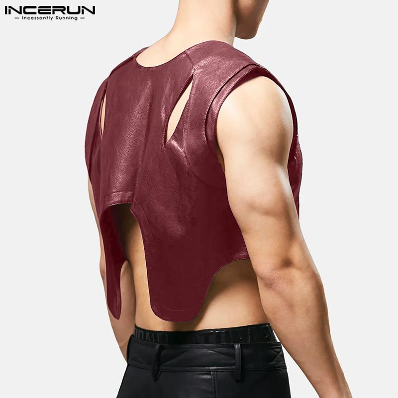 INCERUN Męskie bezrękawniki z wycięciami, ażurowe, codzienne, luźne, z PU skóry