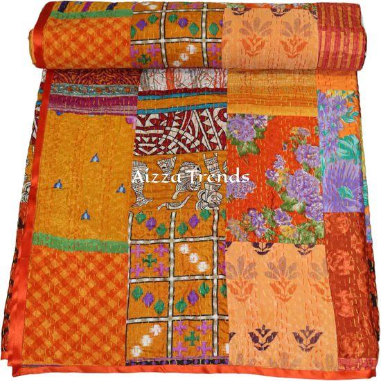 Aizza Trends Cuvertură Kantha din bumbac pur lucrată manual - Pătură decorativă tradițională indiană-Cuvertură vintage din sari de mătase de bumbac