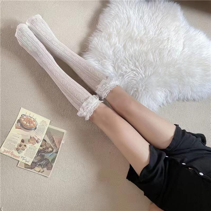1 Pair Lace Mid Tube Socks Women's Lolita Retro Women's Love Jacquard Princess Sock White Breathable Anti Hook Silk Girls' Socks