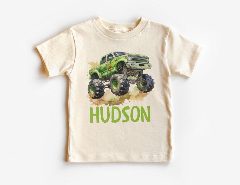Maglietta Verde Mostro Camion per Ragazzo, Nome Personalizzato per Bambino, Ritorno a Scuola, Regalo Compleanno Ragazzo, Maglietta Carina per Bambino Piccolo, Fuoristrada Sporco