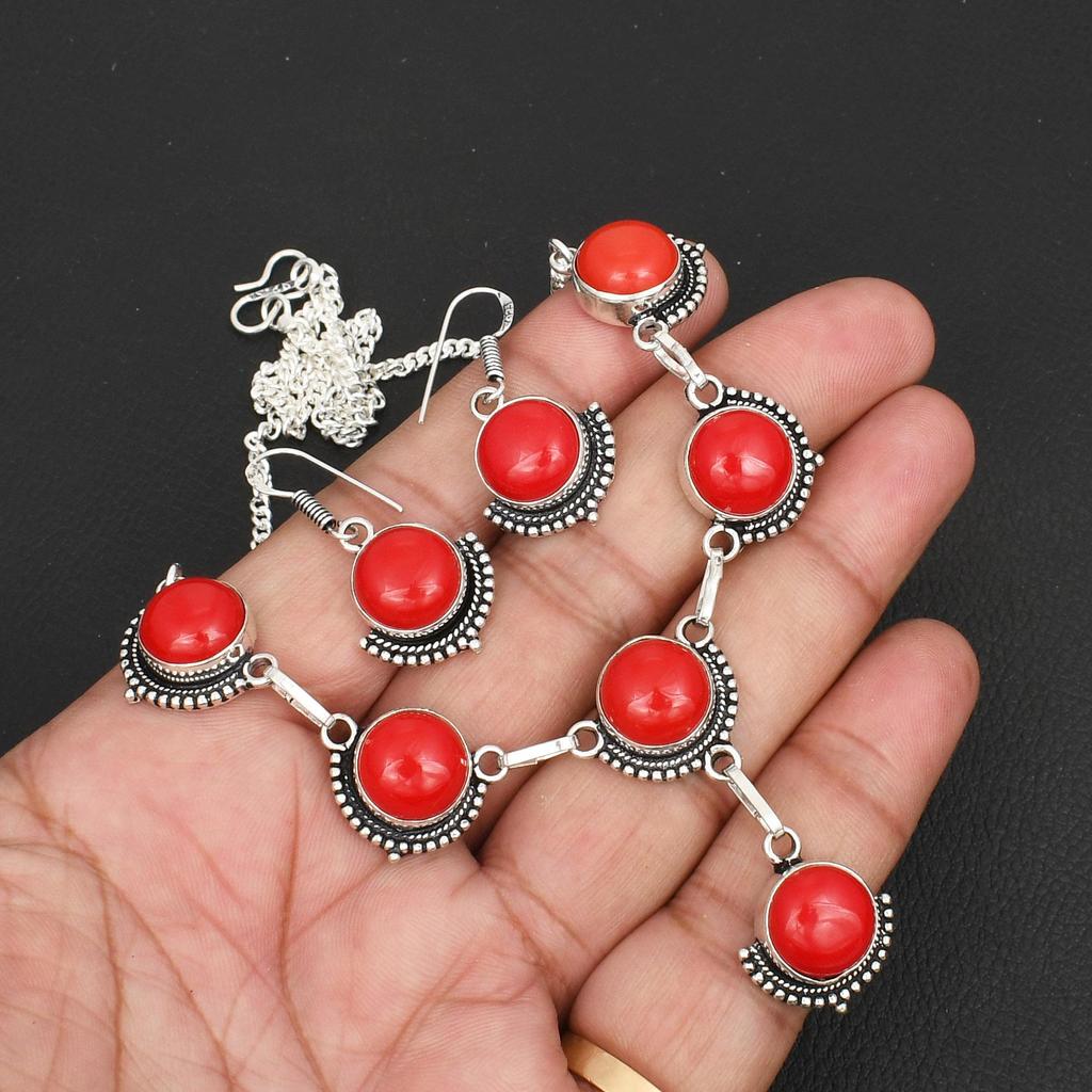 925 Sterling Silver Red Coral Jewelry Set Elegant Round Gemstone Necklace & Drop Earrings for Women Boho Wedding Jewelry