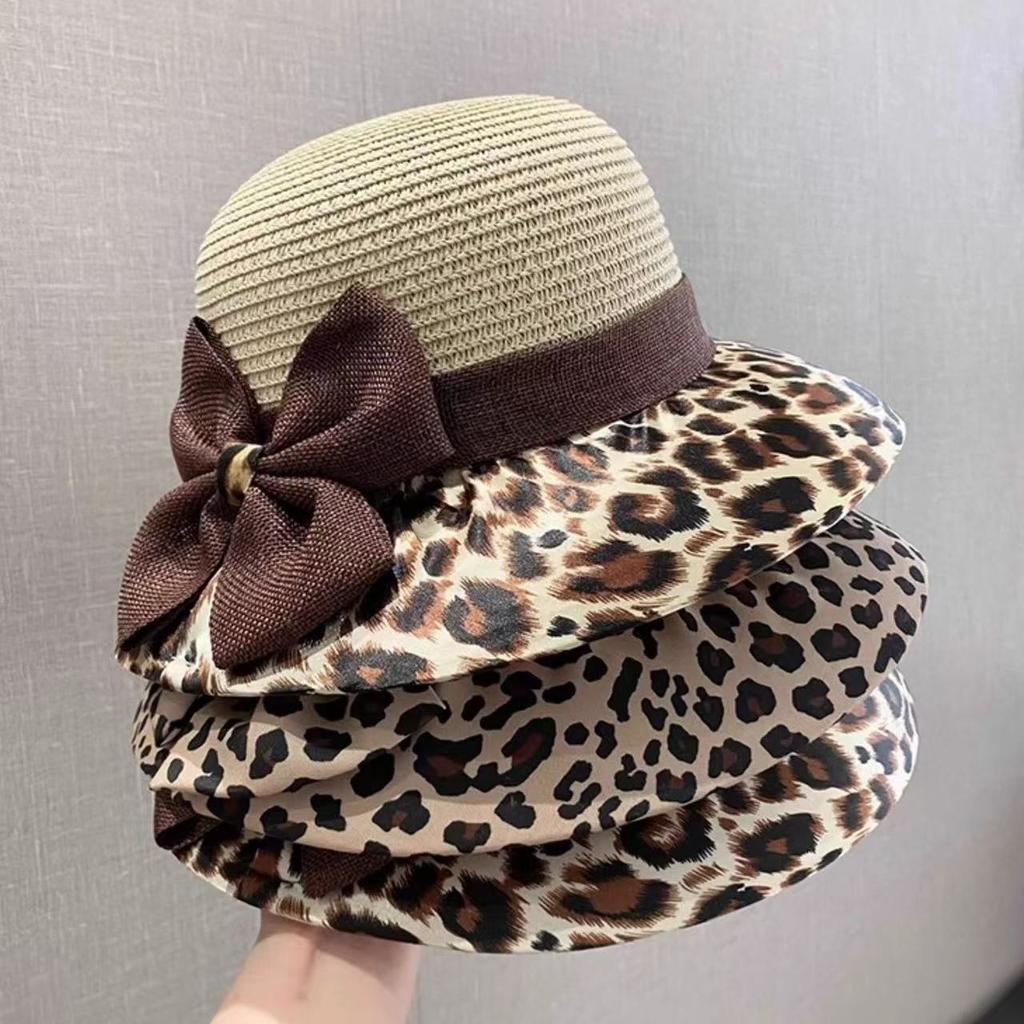Women's Leopard Print Straw Sun Hat Wide Brim UV Protection Summer Hat with Bow Foldable Breathable Beach Hat