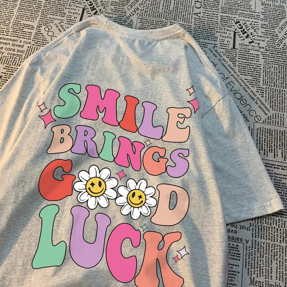 Smile Brings Good Luck Men Women Tshirt Pattern Cotton Tshirts O-Neck Breathable T-Shirt Simplicity Tee Clothes Couple Tops