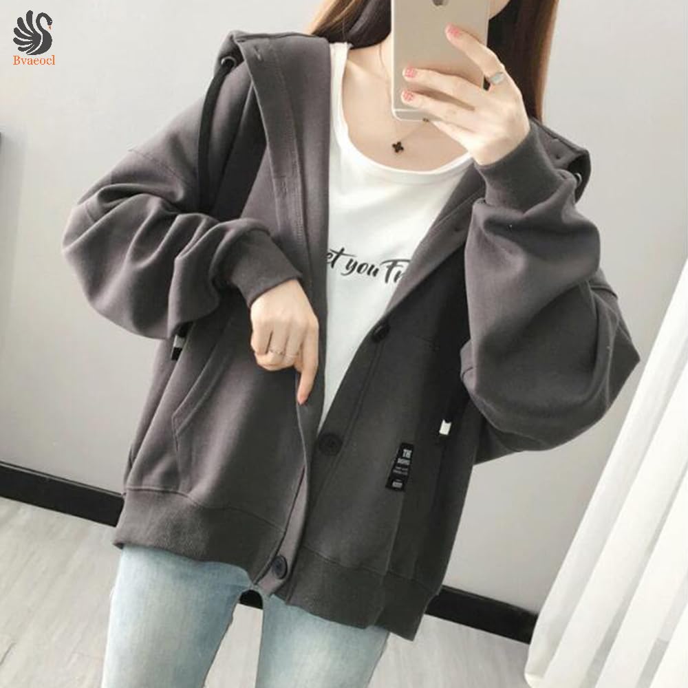 Bvaeocl Lightweight Casual Loose Fit Solid Hoodie for and Winter Dark Women's Button-Up Spring, Autumn, (BV105) (JP, Alphabet, 3XL, Gray)