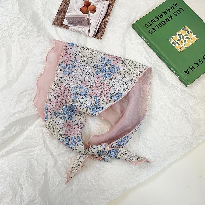 Triangle scarf, headscarf, summer women's pastoral new double-layer breathable floral small silk scarf, headband, tied hair streamer