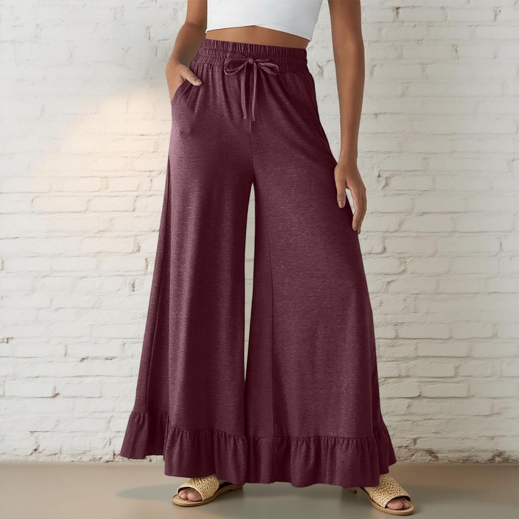 Women’s Casual Loose Fit Drawstring Elastic Waist Wide Leg Pants with Ruffle Hem and Relaxed Flowy Silhouette for Everyday Wear