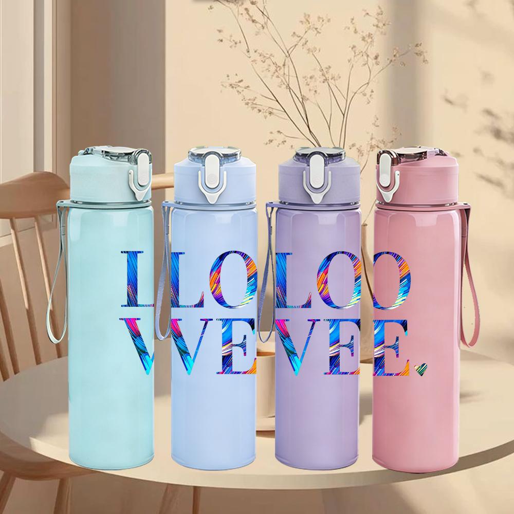 1PC Gradient Color LOVE Letter 750ml Color Plastic Sports Water Bottle Leakproof Flip Straw Lid Suitable for Sports Office Home Use