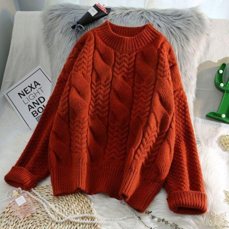 Women's Thick Cable Knit High-Neck Pullover Sweater - Autumn/Winter Loose Style