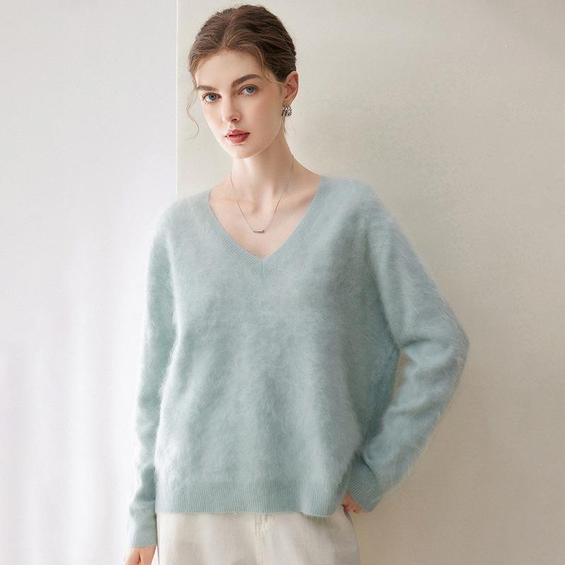 Korean Style V-Neck Women's Loose Slimming Pure Cashmere Sweater - Autumn/Winter Knit Base Layer Top