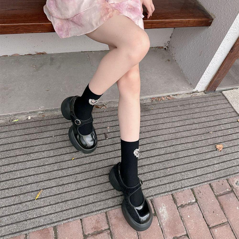 JK Rhinestone Heart Socks Cotton Mid-calf Socks Women Breathable Y2K Tube Socks  Lolita