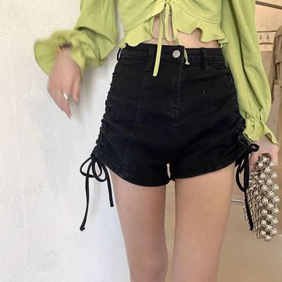 Skinny Fashionable and Versatile Stretch Denim Shorts Female High-waisted Hundred Straight Slim Tied Drawstring Pants Tight Casual Shorts Female