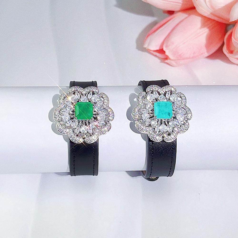 CMM Unikalne wiele metod noszenia Biżuteria na szyję Utoruj zielony kwadrat Cyrkon Duży zegarek kwiatowy Skórzany pasek Regulowana bransoletka Naszyjnik