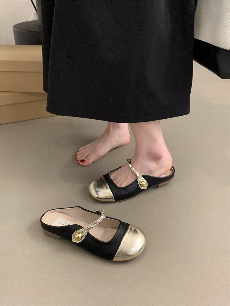 

Baotou half slippers female summer wear gentle fairy wind soft flat bottom one pedal evening French small sandals single shoes 35 чёрный