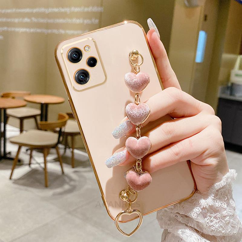 Pocox5 Love Heart Bracelet Case On For Xiaomi Mi Poco X5 Pro X4 X4pro 5g X5pro X3 M4 M5 F4 Gt F3 M3 Chain Plating Silicone Cover