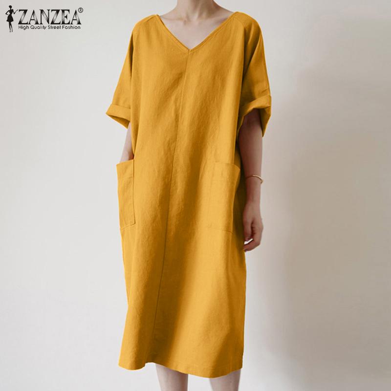

ZANZEA Женское повседневное платье свободного кроя с V-образным вырезом и однотонным цветным рукавом 3/4 S жёлтый