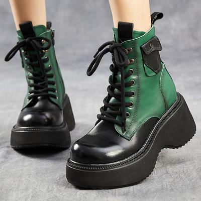 Plateau-Stiefel mit hohem Absatz aus echtem Leder 2024 Winter mit dicken Sohlen, Mischfarben, runde Zehenpartie, Damen-Kurzstiefel aus Plüsch