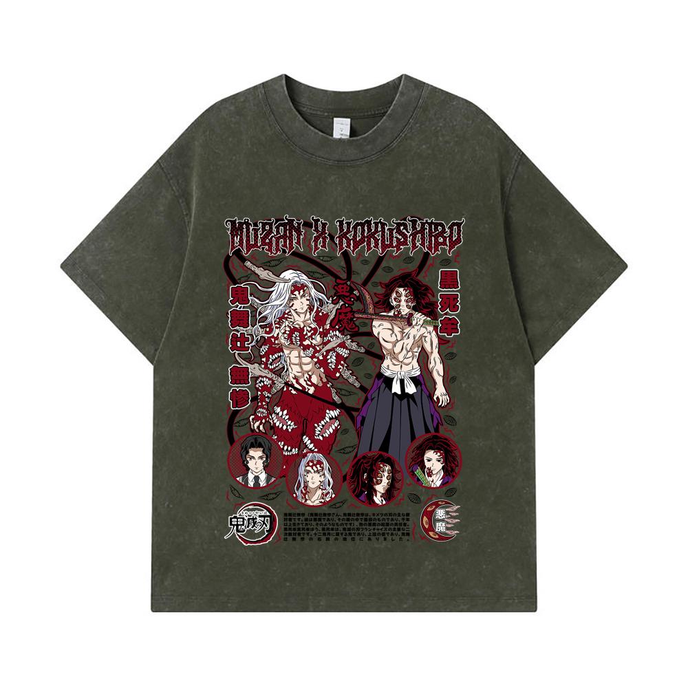 

275 GSM Washed T-shirts 100% Cotton Demon Slayer V14 Muzan Kokushibo Print Unisex Heavy Cotton T Shirt S армия зеленый