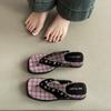 Square head plaid thick-soled girls' flip-flops fashionable summer versatile design toe vacation wedge slippers sandals