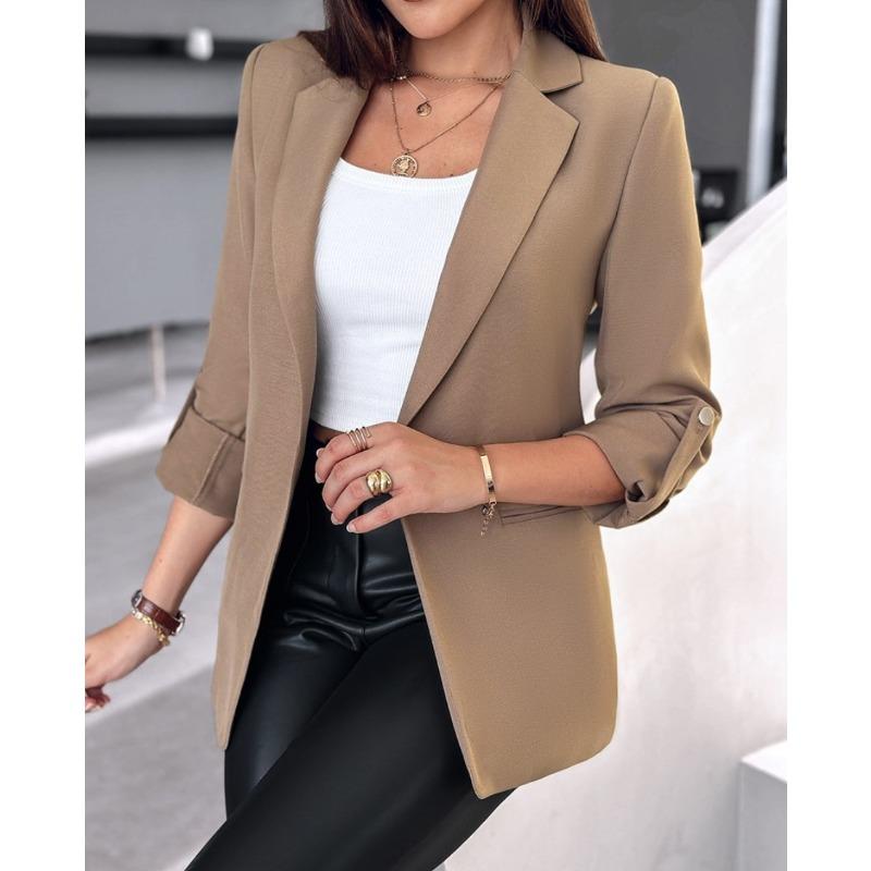 

women s Rolled Cuff Long Sleeve Solid Color Open Front Blazer Casual Business Suit Jacket 2XL хакі