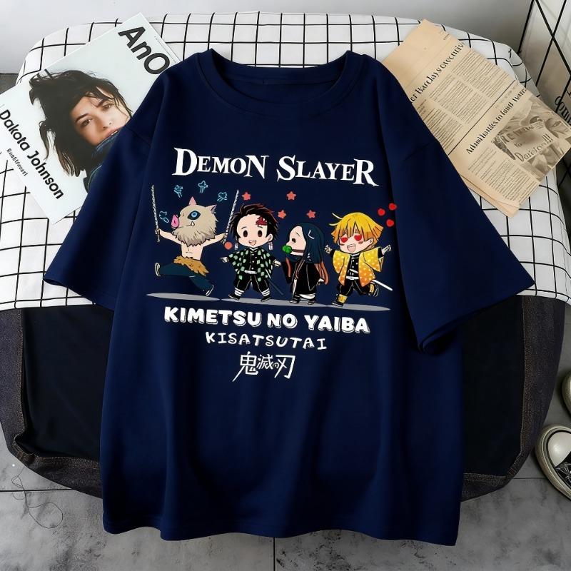 Plus Size Demon Slayer Summer Anime Printed Men, Women T-shirt Casual Parent Child Top Fashion Street Wear Harajuku Style Y2K