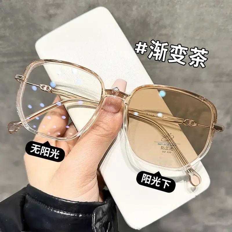 

0~ -600 Neutral Photochromic Myopia Glasses Anti Fatigue Anti Blue Light Grey Tea Computer Eyewear for Women -1.0