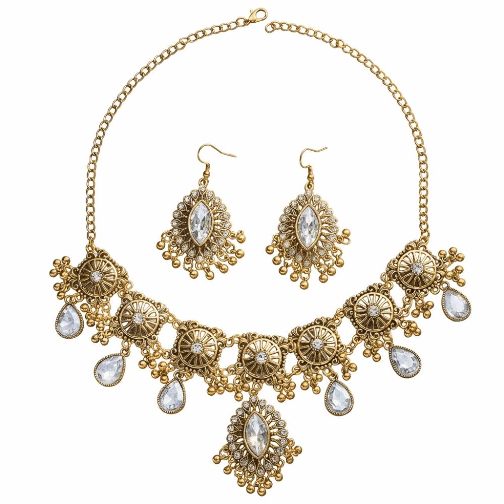 Metal Necklace Earrings Set Bohemia Style Ethnic Style Necklace Set Rhinestone Jewelry Set Women