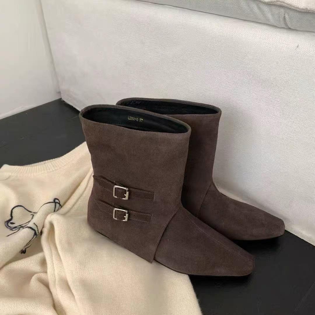 

Sheepskin version~ French retro niche square head belt buckle fashion short boots women s 2025 new thin boots Martin boots 40