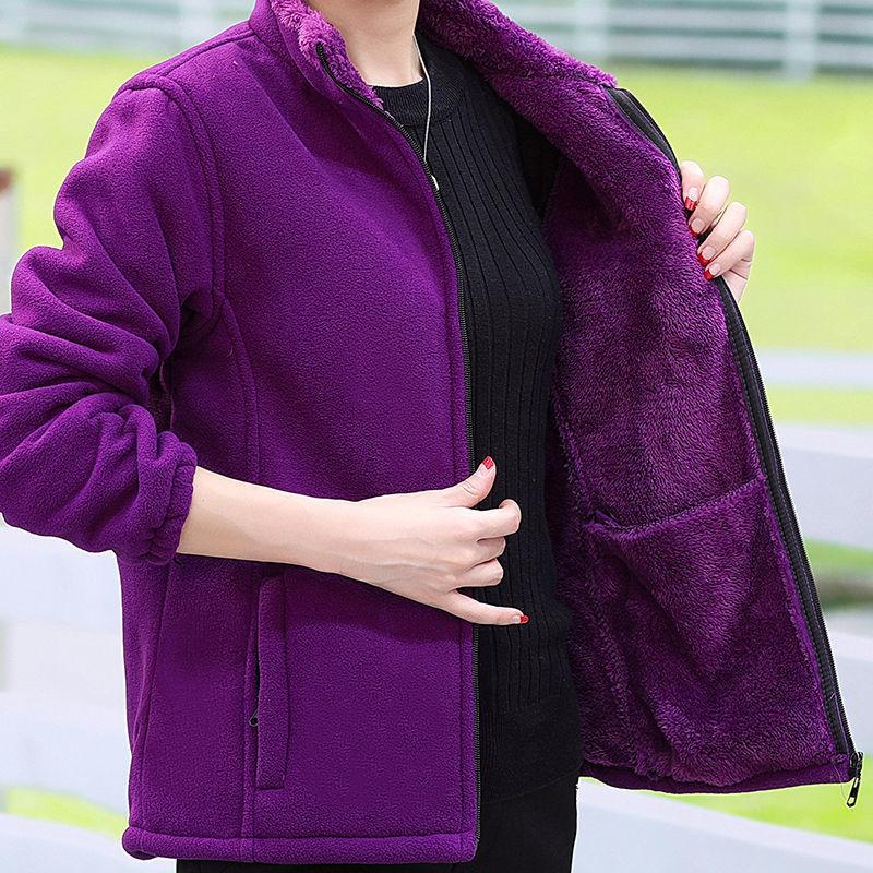 Mid Age Polar Fleece Jacket Women Stand Collar Winter Plush Lined Thick Warm Plus Size Womens Clothing Mom Wear Cardigan Hoodie