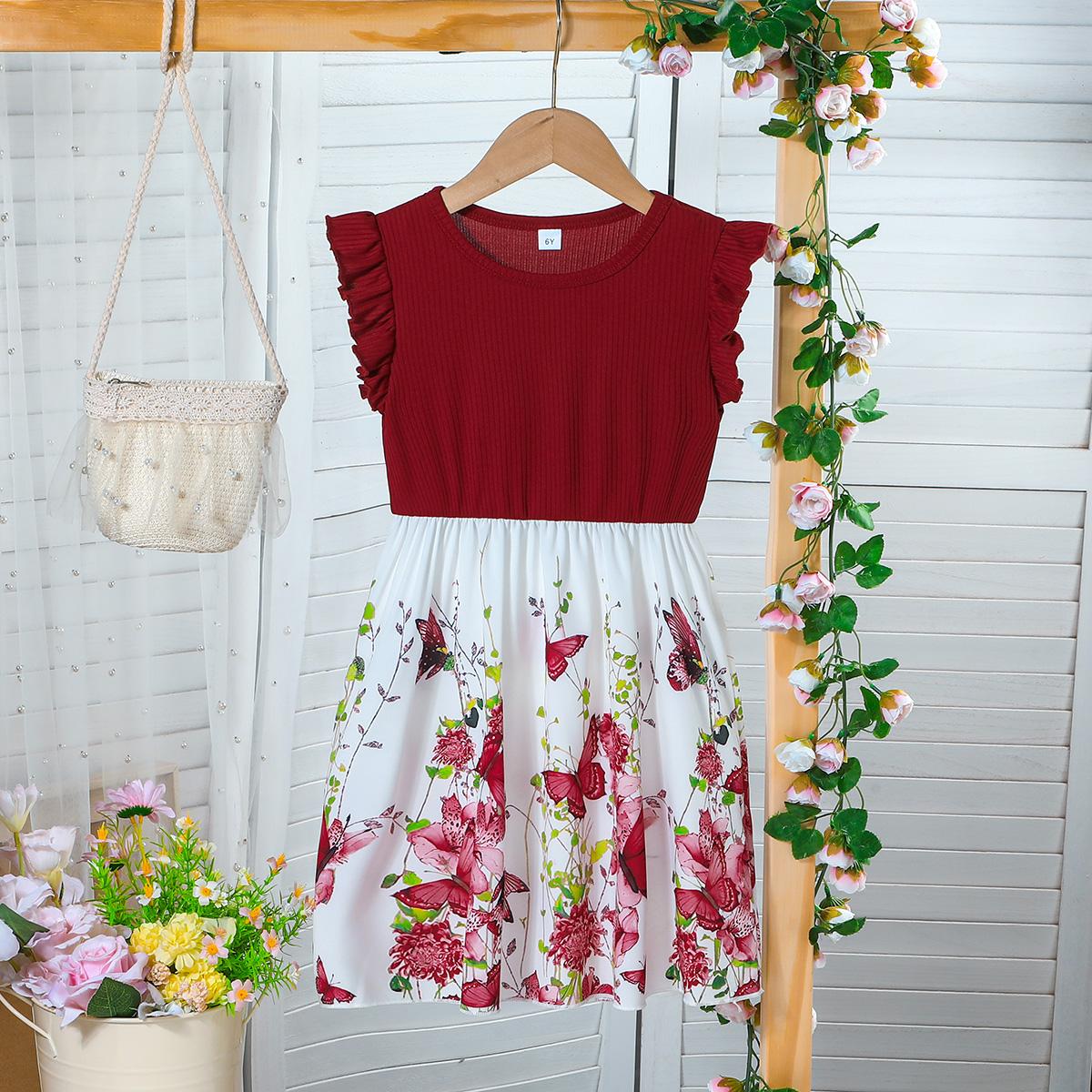 

Girls Butterfly Print Ruffle Sleeve Casual Dress 6Y красно-коричневый